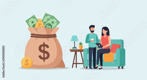 Couple with money bag and couch in a room