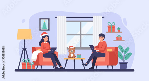 Cozy Christmas scene of two people using laptops in a living room