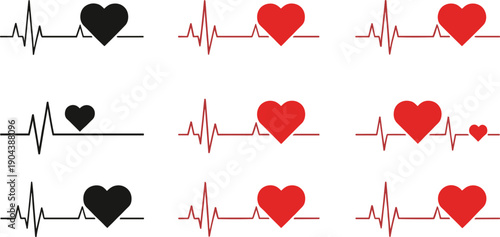 Heartbeat line and heart icon set with cardiogram pulse medical love symbols vector illustrations isolated