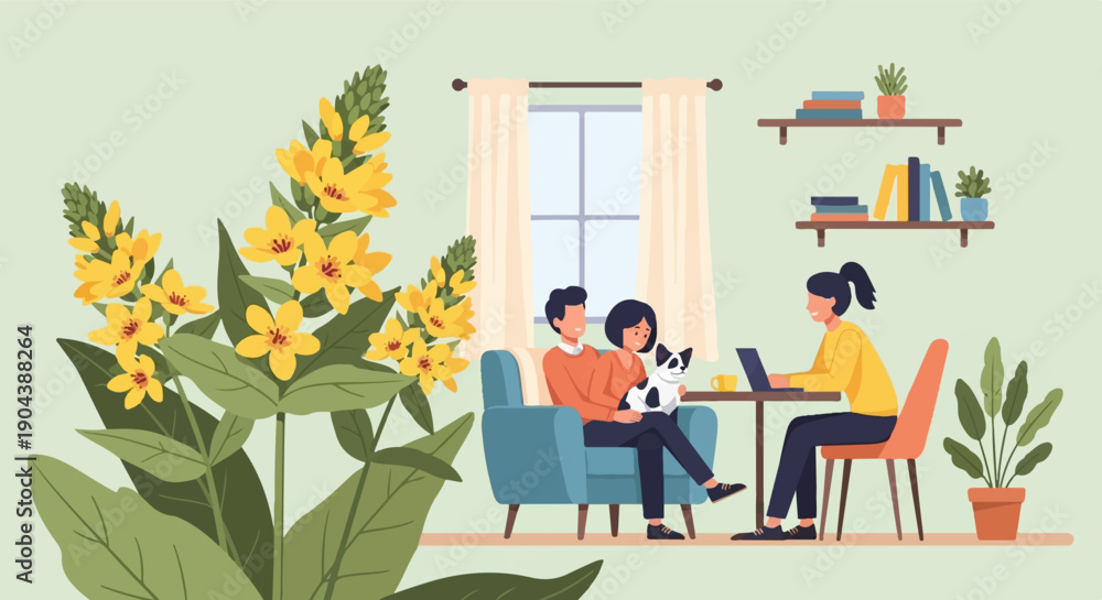 Fototapeta premium Cozy indoor scene with people, pet, and plants