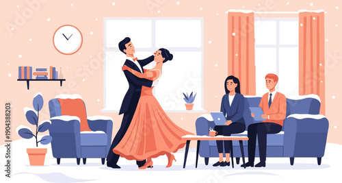 Couples dance and work in a cozy, snow-covered living room