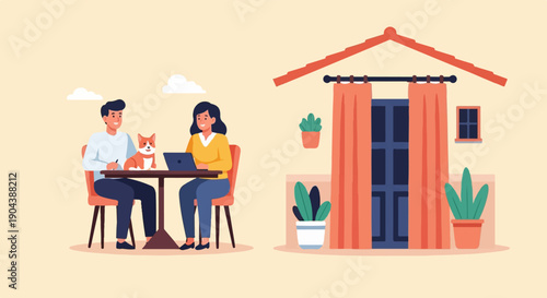 Couple working and relaxing with pet and house plants outside