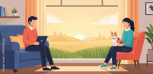 Couple relaxing indoors with laptop and dog, enjoying sunset view