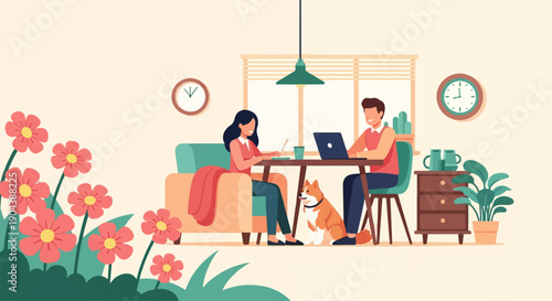Couple working at home with dog and flowers