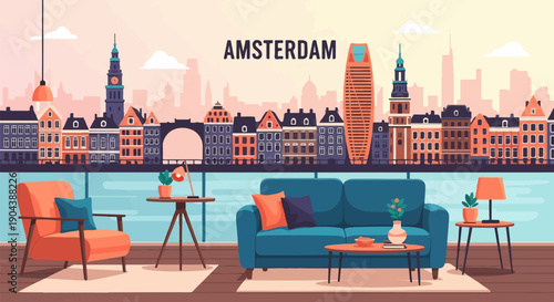 Cozy living room interior with Amsterdam skyline view