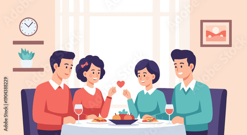 Couples enjoying a meal together in a restaurant, sharing a heart
