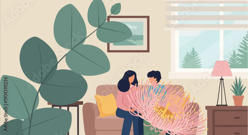 Couple relaxing indoors with large flowering plant and serene window view