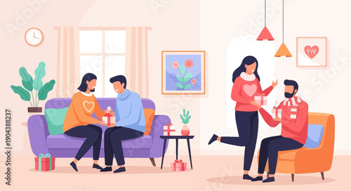 Couples exchanging gifts in a cozy living room with plants and art