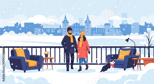 Couple walks with dog in snowy city park with chairs and lamp