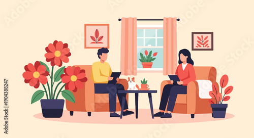 Couple relaxing indoors with pets and plants near a window