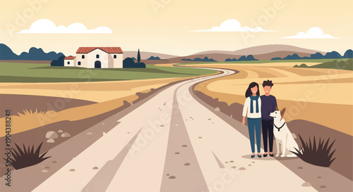 Couple walks with dog on a dirt road near a farmhouse