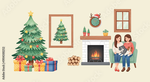 Cozy Christmas scene with two women, dogs, fireplace, and tree