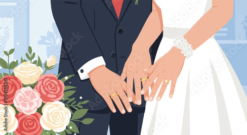 Couple's hands with wedding rings and bouquet of roses