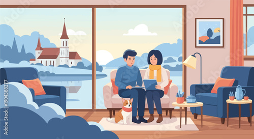 Cozy couple and dog relax indoors with a snowy landscape visible outside