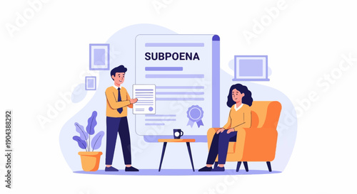 Court document presentation to a seated woman with a man standing nearby