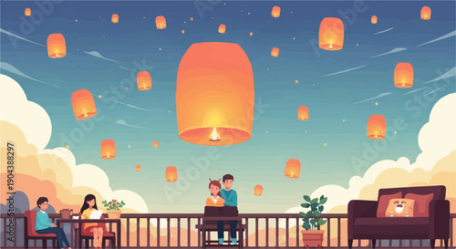 Couple watches sky lanterns float over a balcony at sunset