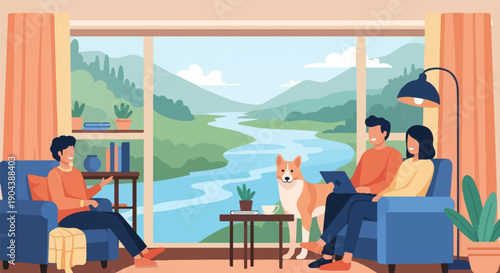 Cozy living room scene with a family and dog enjoying a scenic river view