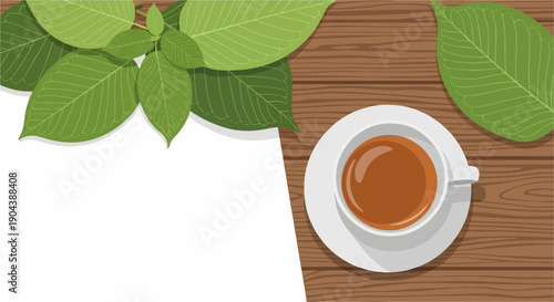 Cozy cup of tea on a wooden table with fresh green leaves