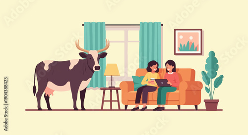 Cow stands in living room with people on couch using technology