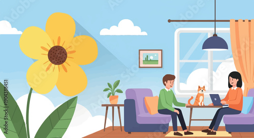 Couple with cat and flower enjoy relaxing indoors, working and leisure
