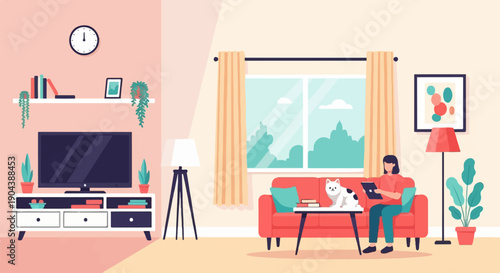 Cozy living room scene with a person, cat, and plants