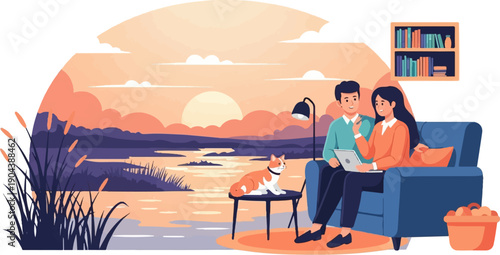 Couple with cat and tablet relax by a serene lakeside during a vibrant sunset