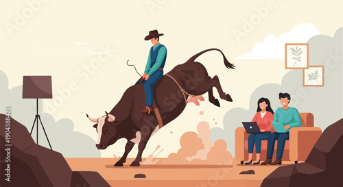 Cowboy riding a bucking bull with a couple watching on laptop