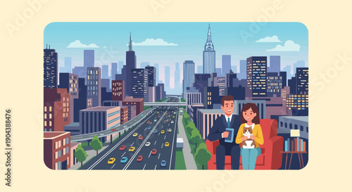 Couple with cat on sofa overlooking city highway and skyscrapers
