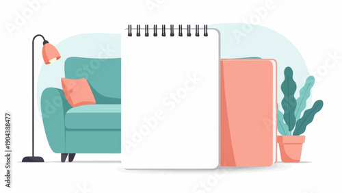 Cozy living room scene with a sofa, lamp, notebook, and plant