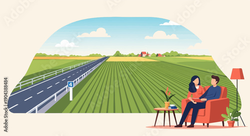 Couple relaxing indoors with view of rural landscape and highway