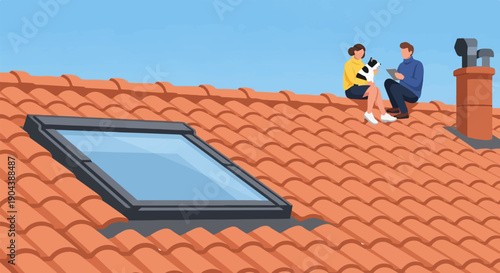 Couple with cat on tiled rooftop, skylight, chimney, clear sky