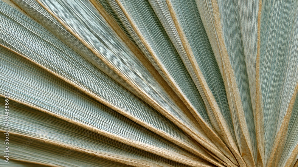 Obraz premium Dried palm leaf ridges closeup showing radial fan and subtle sage tan tones, crisp linear veins and natural fibers, soft muted atmosphere ideal for eco branding, product packaging mockups and interior