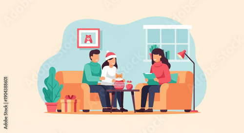 Cozy living room scene with family and dog during festive season