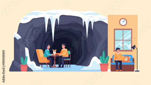 Cozy indoor scenes with people and dogs in a winter cave and home