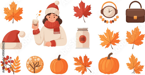 Cozy autumn scene with fall leaves, pumpkins, and warm beverages