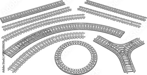 Railway track curve and straight segments set with circular loop junction and railroad elements vector illustrations isolated