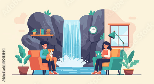 Cozy indoor waterfall scene with people and dog
