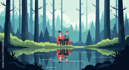 Couple relaxing on a sofa by a tranquil lake in a pixelated forest setting