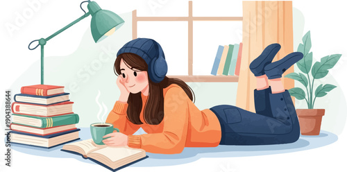 Cozy girl reads book and drinks coffee with headphones on