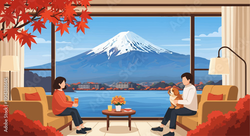 Cozy autumn scene with Mount Fuji view, people, and dog