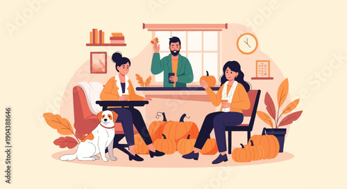 Cozy autumn scene with people and pumpkins indoors