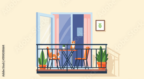 Cozy balcony with two cats enjoying the view