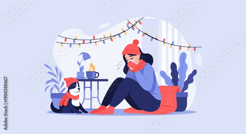 Cozy indoors person with hot drink and dog enjoy festive lights