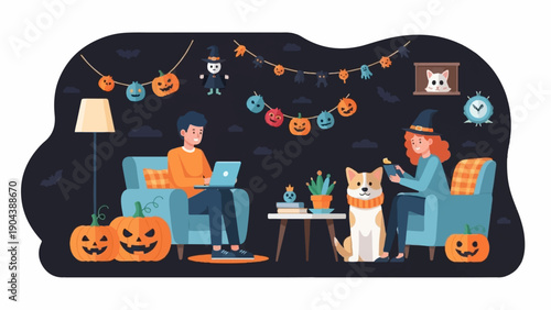 Cozy Halloween night with pumpkins, people, dog, and festive decor
