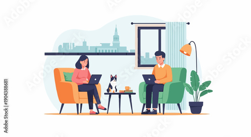 Couple working on laptops in a home setting with a cat and cityscape view