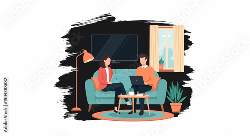 Couple working on laptops in a cozy living room with plants