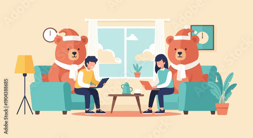 Cozy living room scene with people and festive teddy bears