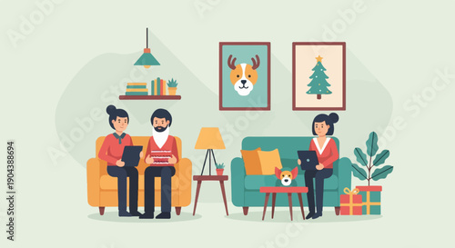 Cozy living room scene with people, dog, gifts, and holiday art