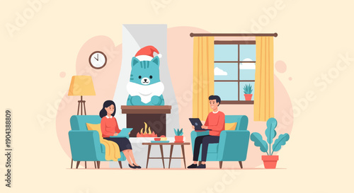 Cozy living room scene with two people and festive cat decoration