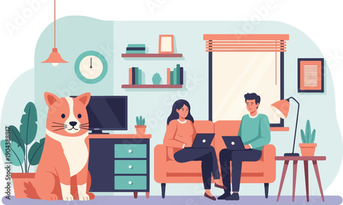 Cozy interior scene with a cat, couple on sofa using laptops, plants, and decor